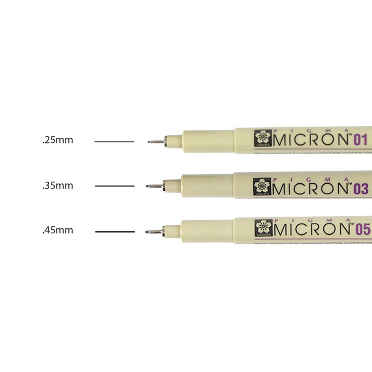 Sakura 30061 Pigma Micron Pens, Set of 3, Black, Sizes 01-05