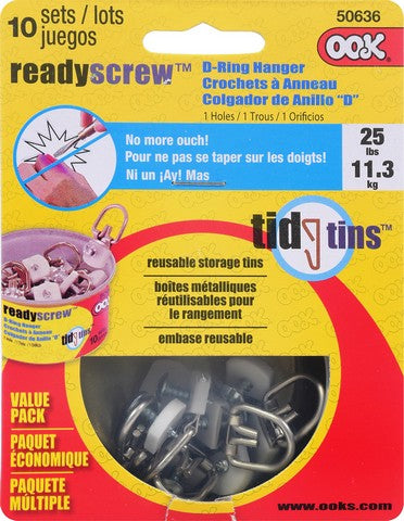 OOK TIDYTIN READYSCREW D-RING HANGER 1HOLE 10PK