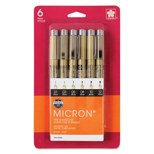 Sakura 30062 Pigma Micron Blister Card Ink Pen Set, Black, Ass't Point Sizes 6CT Set